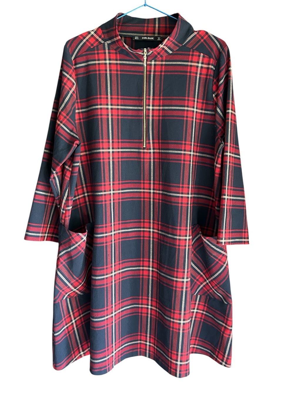 Zara Red and Black Plaid Long-Sleeve Tunic Dress
